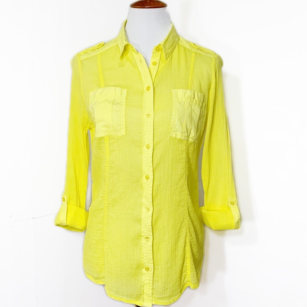 SOLD-Anthropologie Crinkle Roll Sleeve Bright Yellow Buttondown Top - Picture 5 of 9